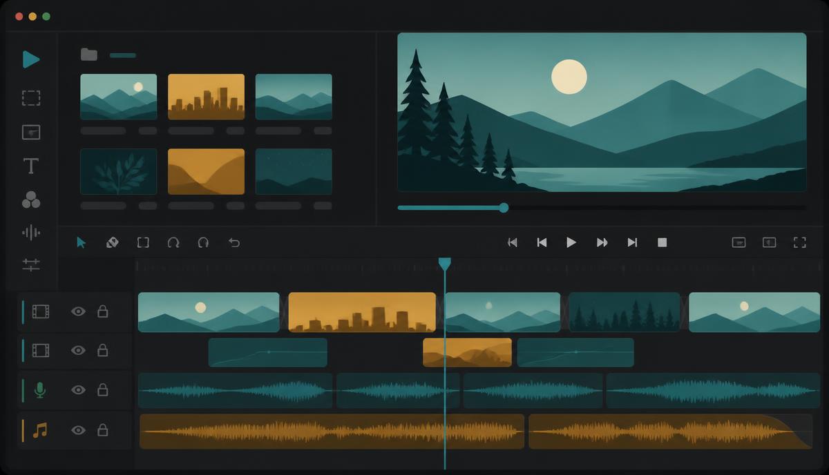 Ilustração de uma linha do tempo de edição de vídeo e áudio