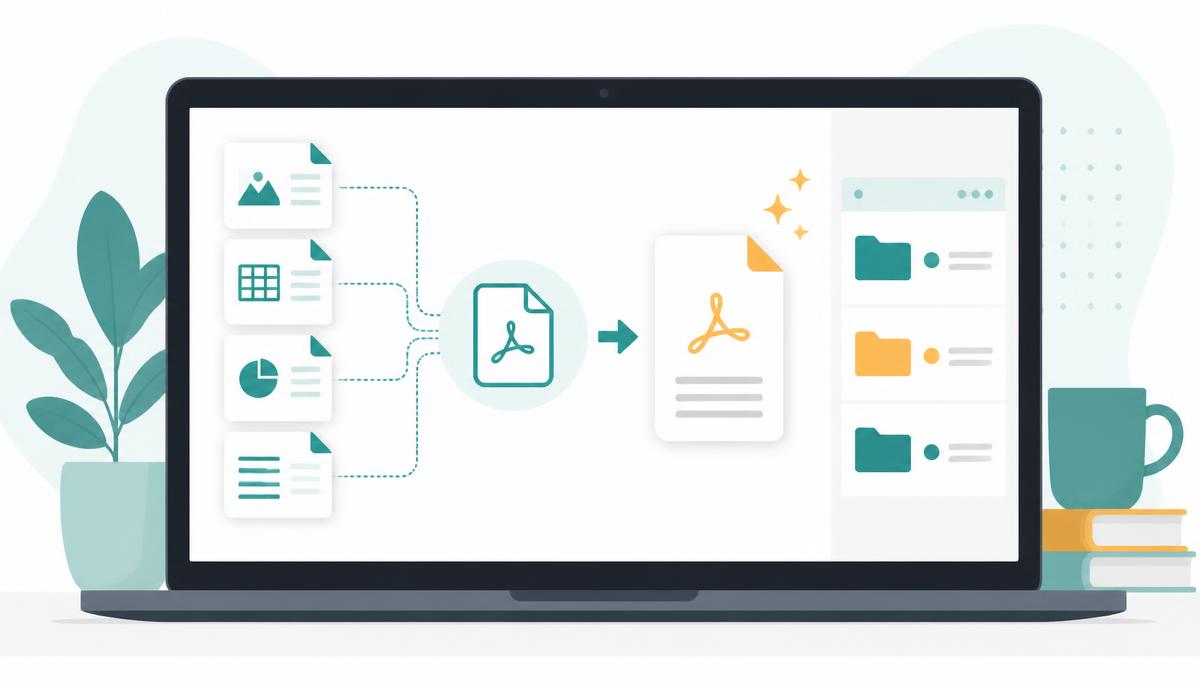 Ilustração de documentos PDF sendo unidos em um notebook